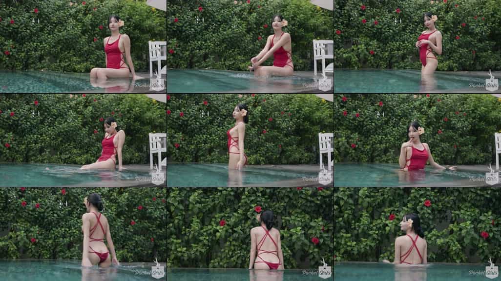 Pool Wading in Vibrant Red Monokini, Yeonji, Pocket Girls, 연지, 포켓걸스 – #002981 Pool Wading in Vibrant Red Monokini, Yeonji, Pocket Girls, 연지, 포켓걸스 – #002981