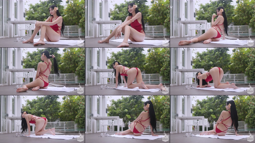 Pool Wading in Vibrant Red Monokini, Yeonji, Part.1i – #09451