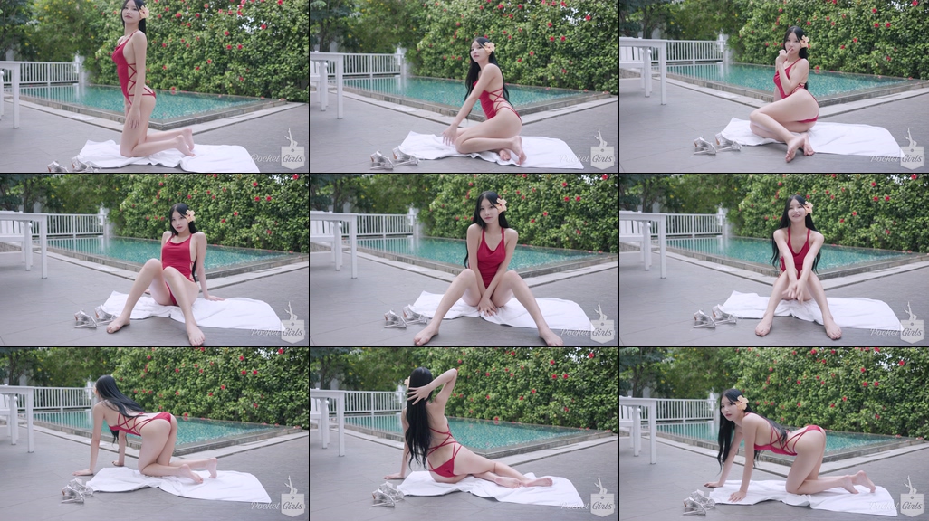 Pool Wading in Vibrant Red Monokini, Yeonji, Part.1f – #08521 Pool Wading in Vibrant Red Monokini, Yeonji, Part.1f – #08521