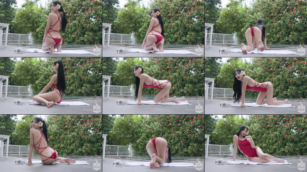 Pool Wading in Vibrant Red Monokini, Yeonji, Part.1h – #08541