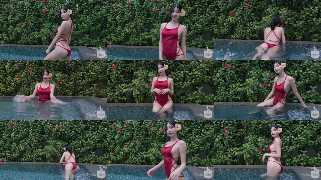 Pool Wading in Vibrant Red Monokini, Yeonji, Part.1c – #08491 Pool Wading in Vibrant Red Monokini, Yeonji, Part.1c – #08491