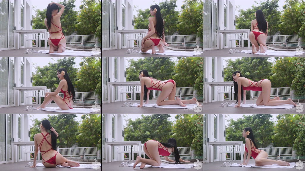 Pool Wading in Vibrant Red Monokini, Yeonji, Part.1j – #09461 Pool Wading in Vibrant Red Monokini, Yeonji, Part.1j – #09461