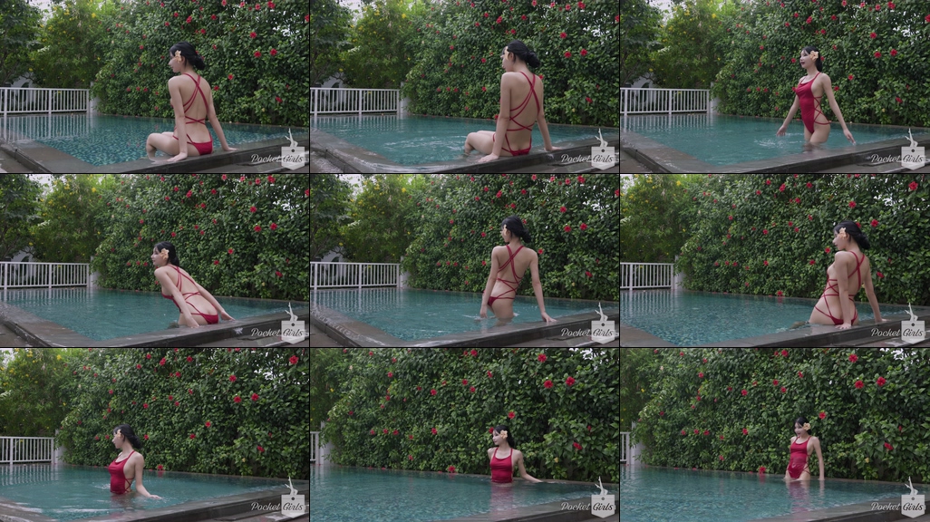 Pool Wading in Vibrant Red Monokini, Yeonji, Part.1a – #08471
